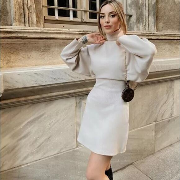 Zara High Neck Knit Mini Dress Beige Size S Blogger Favorite - Picture 1 of 11